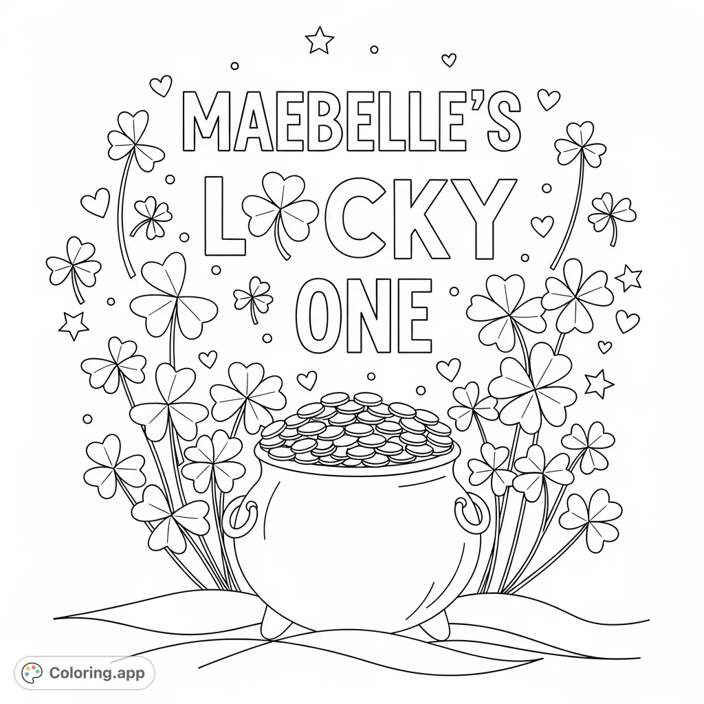 Celebrate luck with this delightful "Maebelle’s Lucky One" coloring page, featuring four-leaf clovers, a pot of gold, stars, and hearts for joyful coloring.