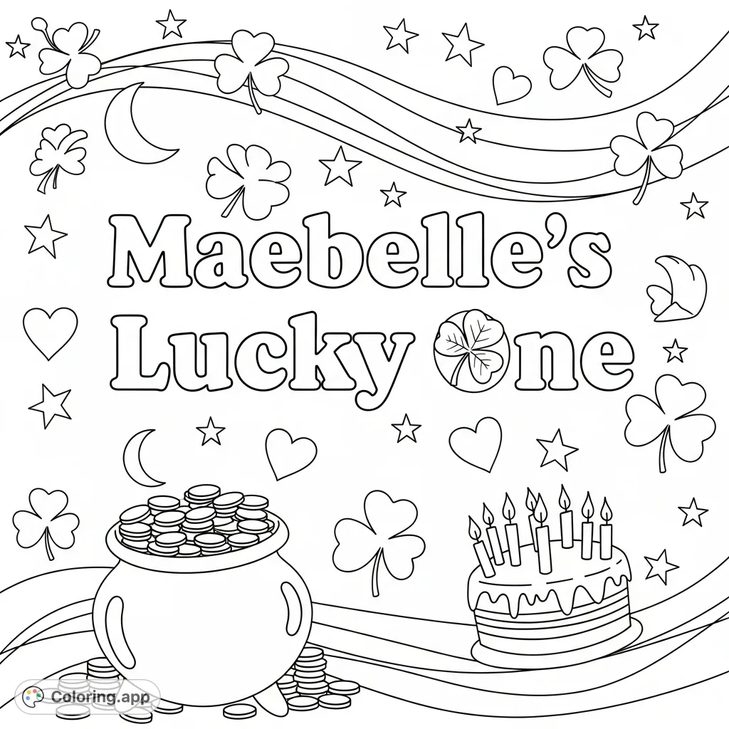 Celebrate St. Patrick's Day with "Maebelle's Lucky One"! This festive coloring page features personalized text, shamrocks, coins, a birthday cake, and whimsical shapes.