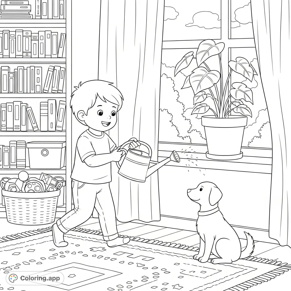 A child waters a plant while their dog watches in a tidy room, illustrating responsibility and care. Perfect for learning about chores and pets.