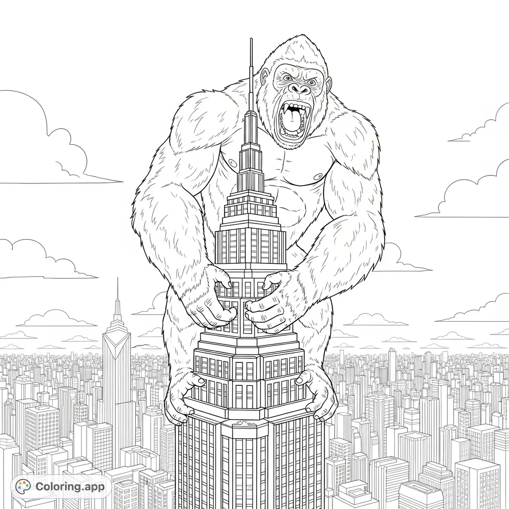 Color King Kong's iconic climb atop a towering city skyscraper, roaring over a vast urban landscape. A thrilling, detailed scene for fans!