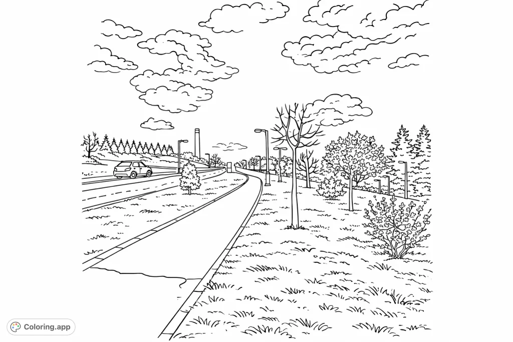 Explore a charming park landscape coloring page featuring a winding road, pedestrian path, and blooming trees on gentle hills, perfect for kids and adults.