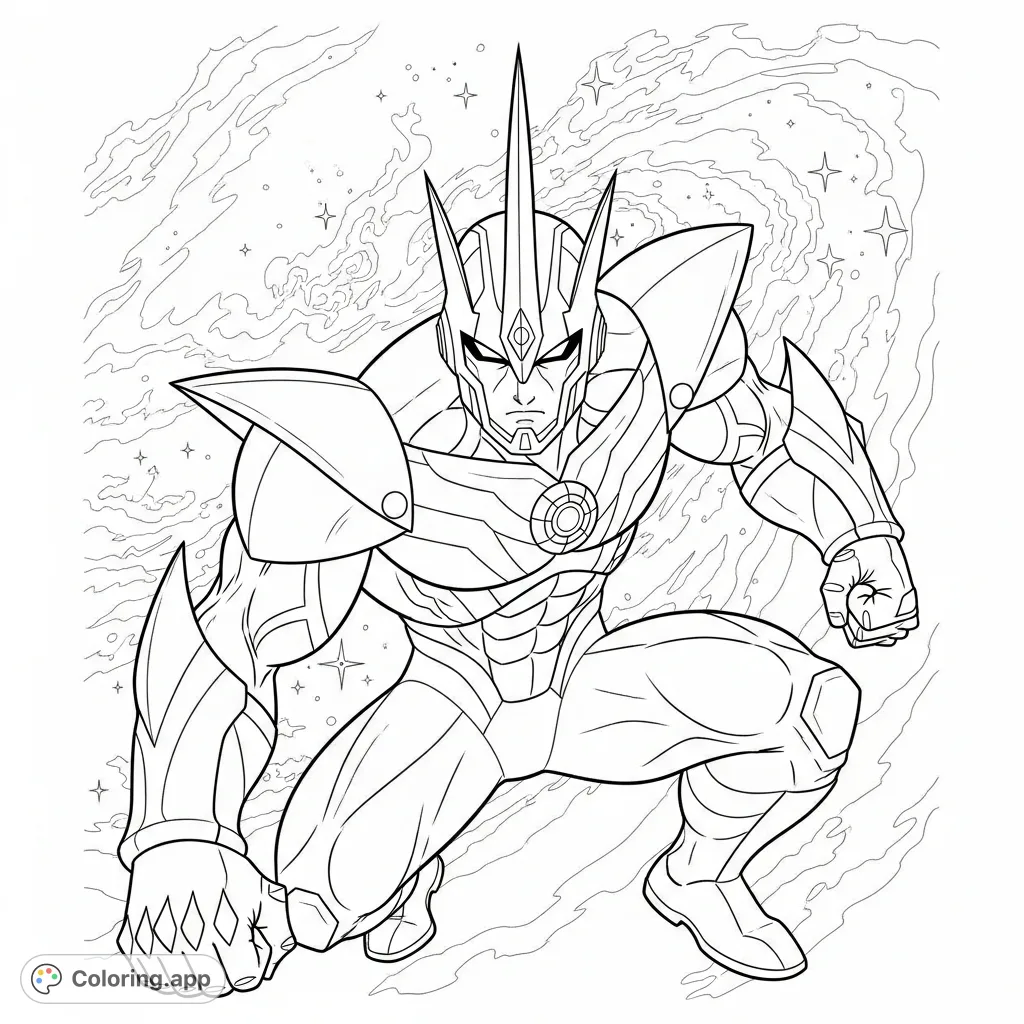 An imposing armored figure, fists clenched in a dynamic pose, awaits action against a backdrop of swirling nebulas and stars. Intricate armor details invite creative coloring.