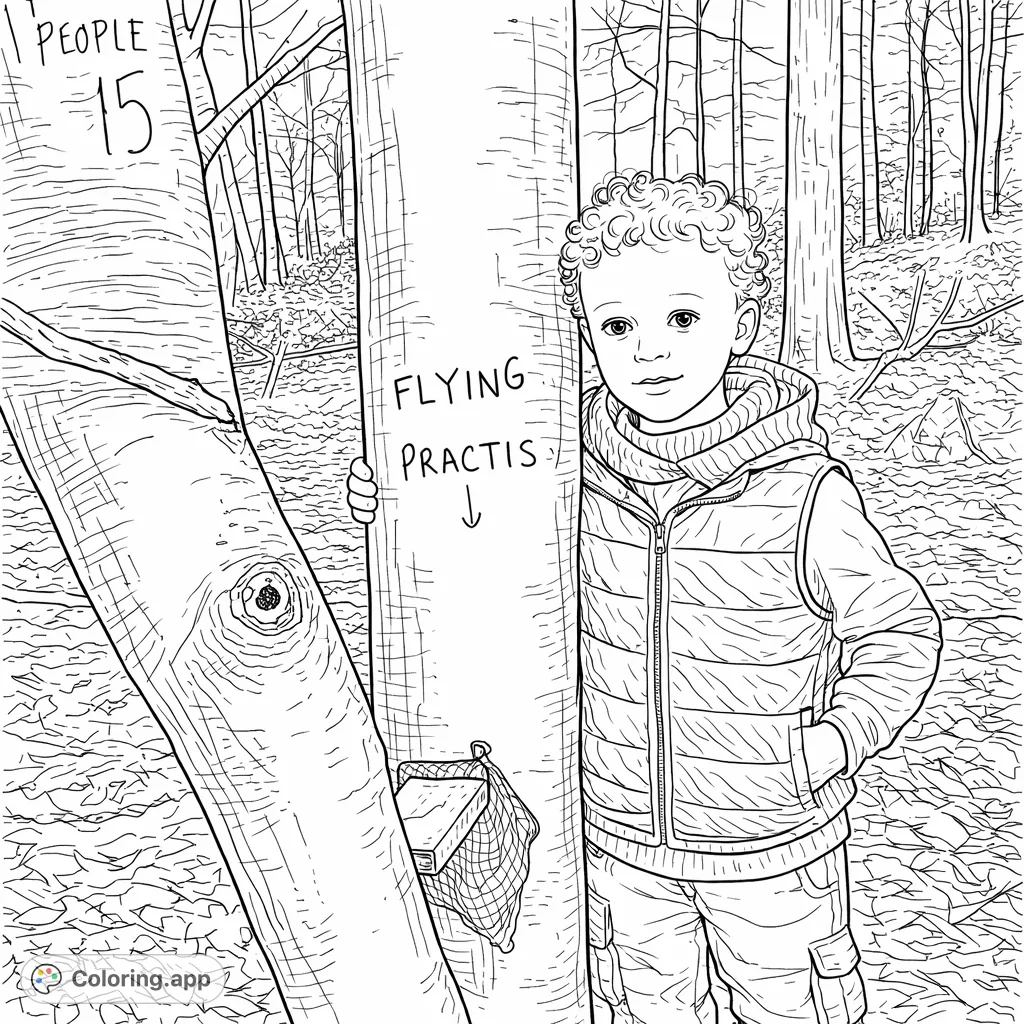 A charming forest coloring page featuring a child leaning against a tree with unique carvings and a small wooden platform, surrounded by fallen leaves and woodland scenery. Perfect for nature lovers.