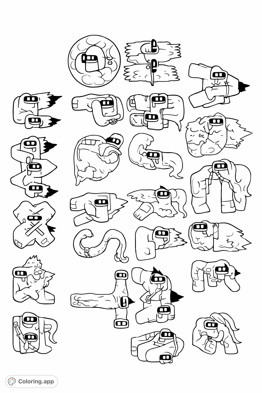 A fun alphabet coloring page featuring unique, expressive letter characters with distinct personalities. Perfect for learning and creative play!