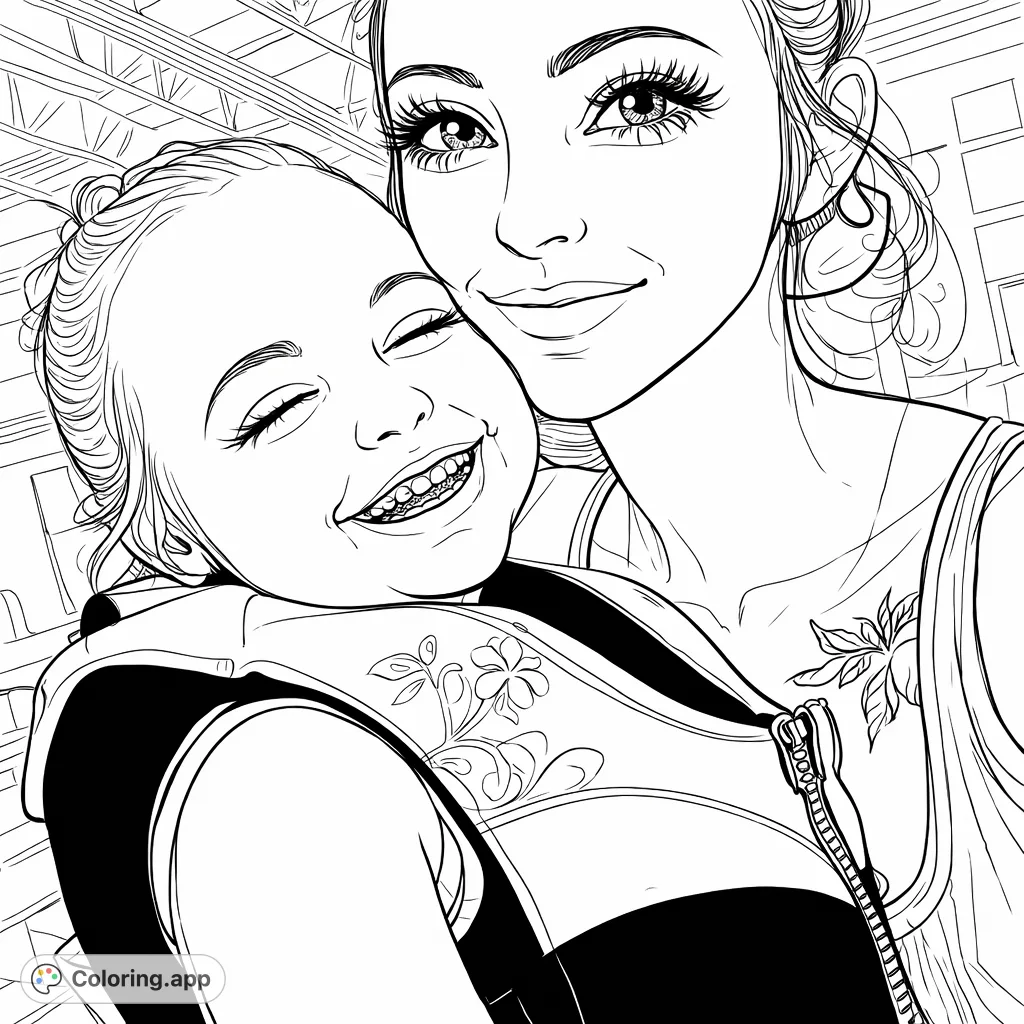 Capture a heartwarming moment of a mother and child embracing. This free printable family coloring page features a happy child in a life vest and a loving adult, perfect for all ages.