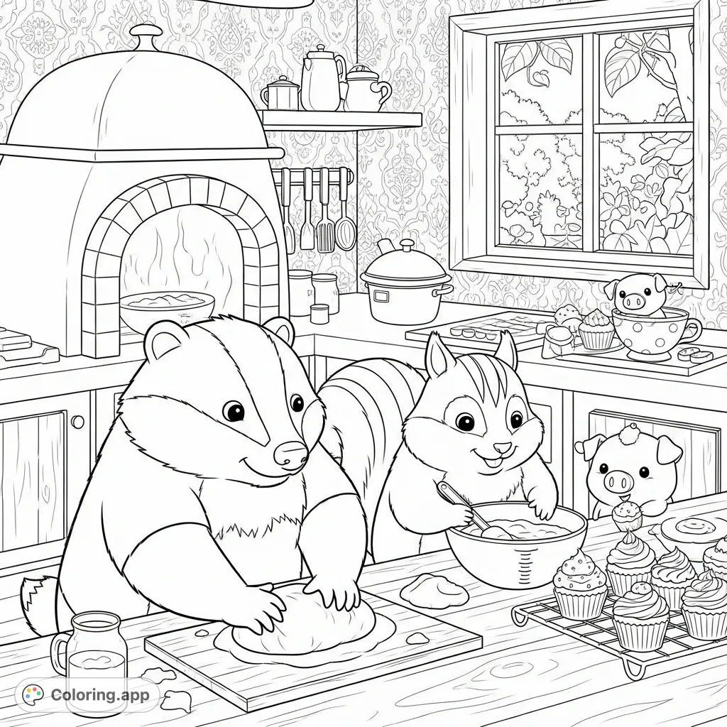 A delightful kitchen scene with portly animals baking: a badger kneading dough, a squirrel measuring, and a teacup pig decorating cupcakes. So cozy!
