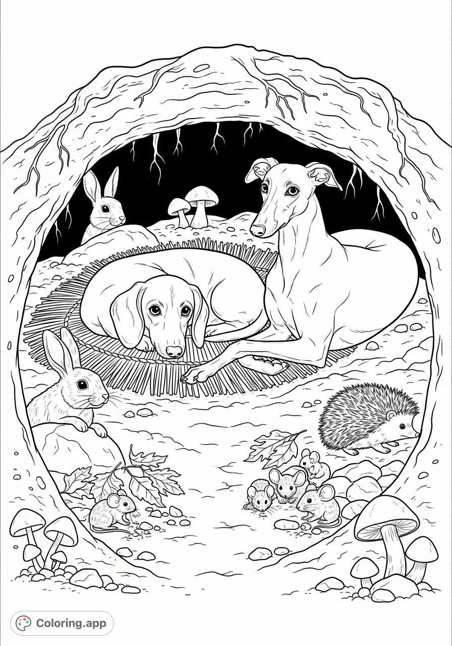 Explore a charming underground burrow featuring a sausage dog, a whippet-type dog, and an array of cute burrow dwelling animals in a cozy setting.