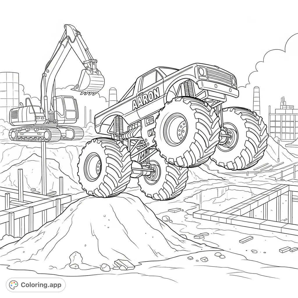 An action-packed monster truck named Aaron leaps over a dirt pile on a busy construction site with an excavator nearby. Perfect for vehicle enthusiasts!