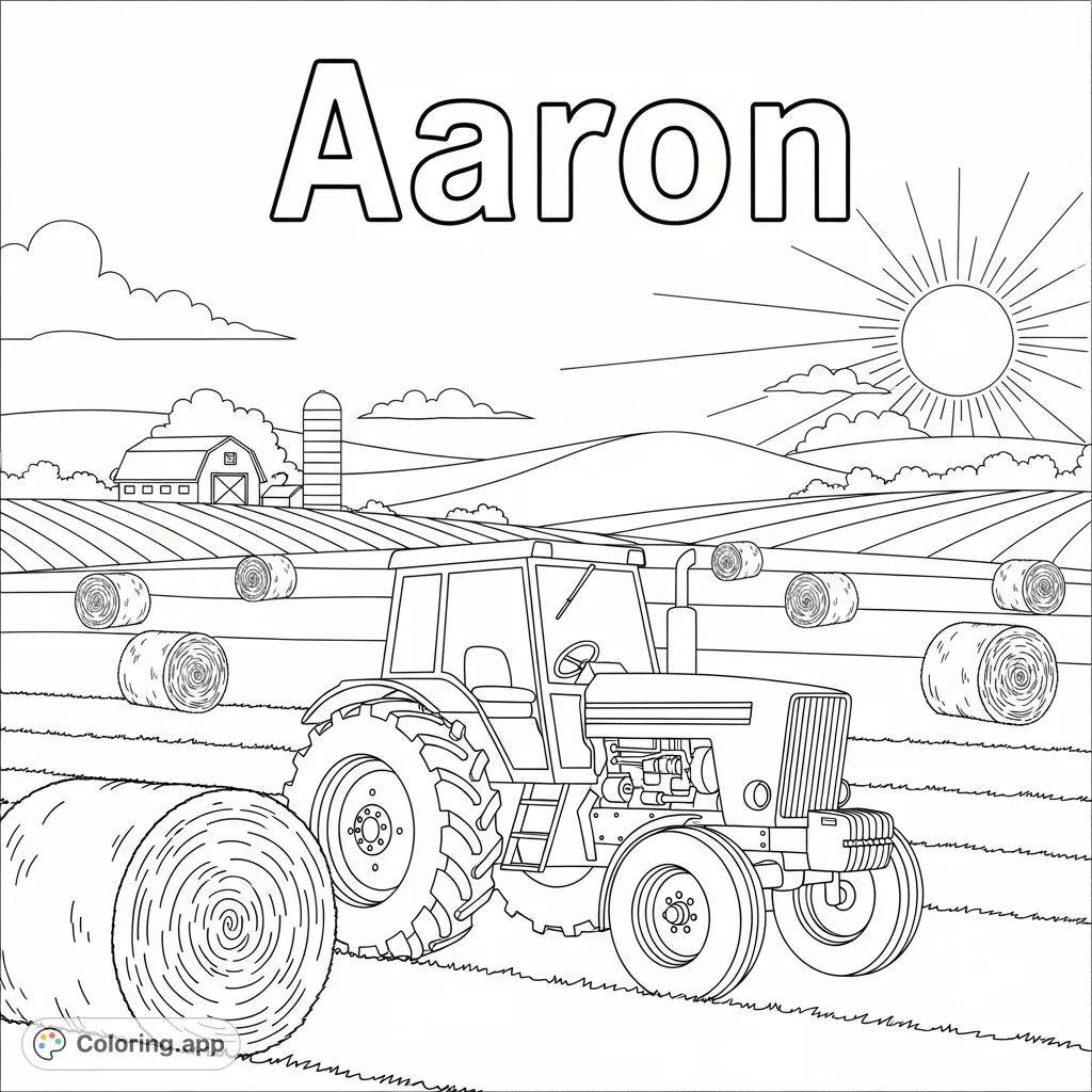 A charming farm scene featuring the name Aaron, a sturdy tractor, and rustic hay bales under a shining sun. Perfect for kids to personalize and color!