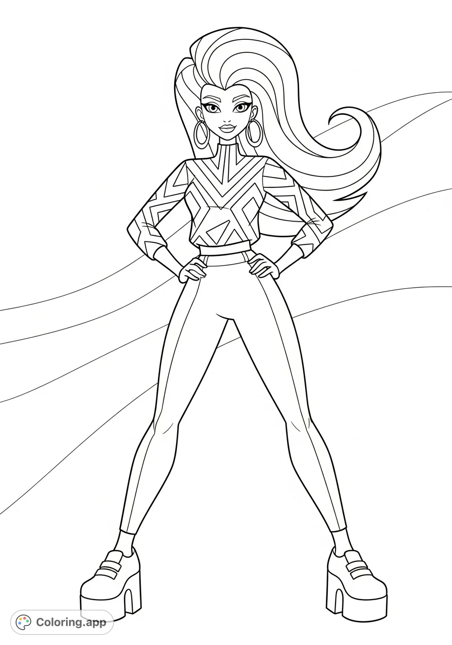 Unleash your creativity with this striking female cartoon character coloring page. Features a bold pose, fashionable outfit, and dynamic details.