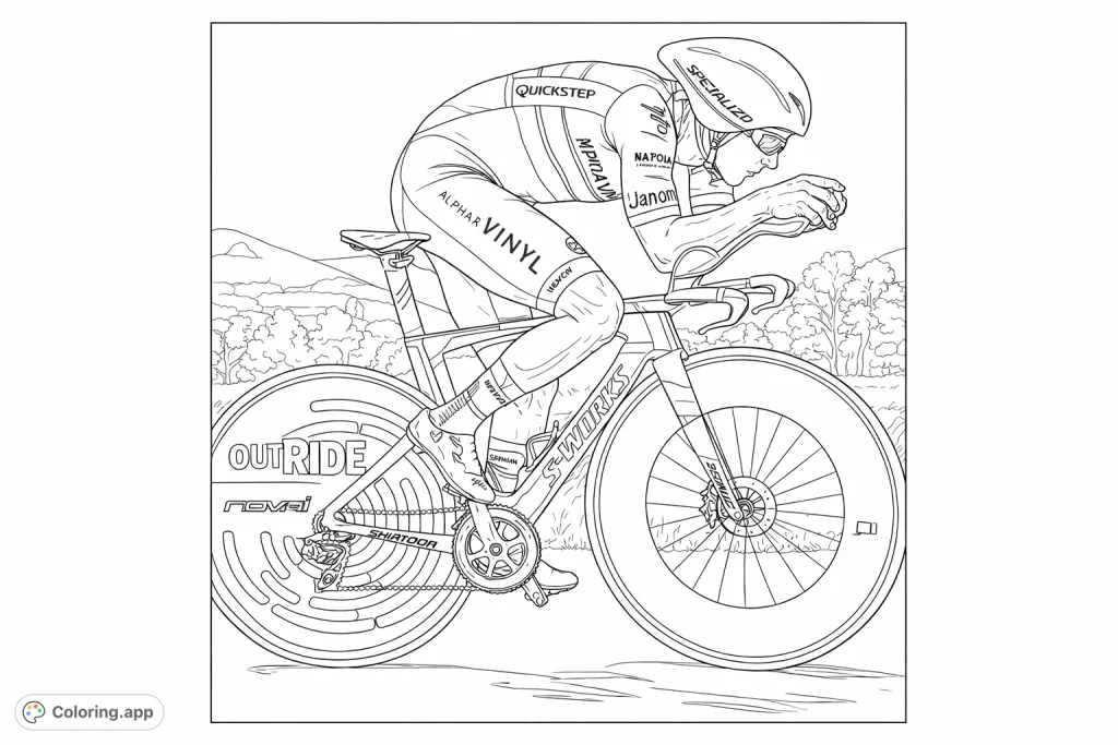 Capture the thrill of a time trial cycling race with this dynamic coloring page, featuring a focused cyclist and a high-tech aerodynamic bike on a scenic route.