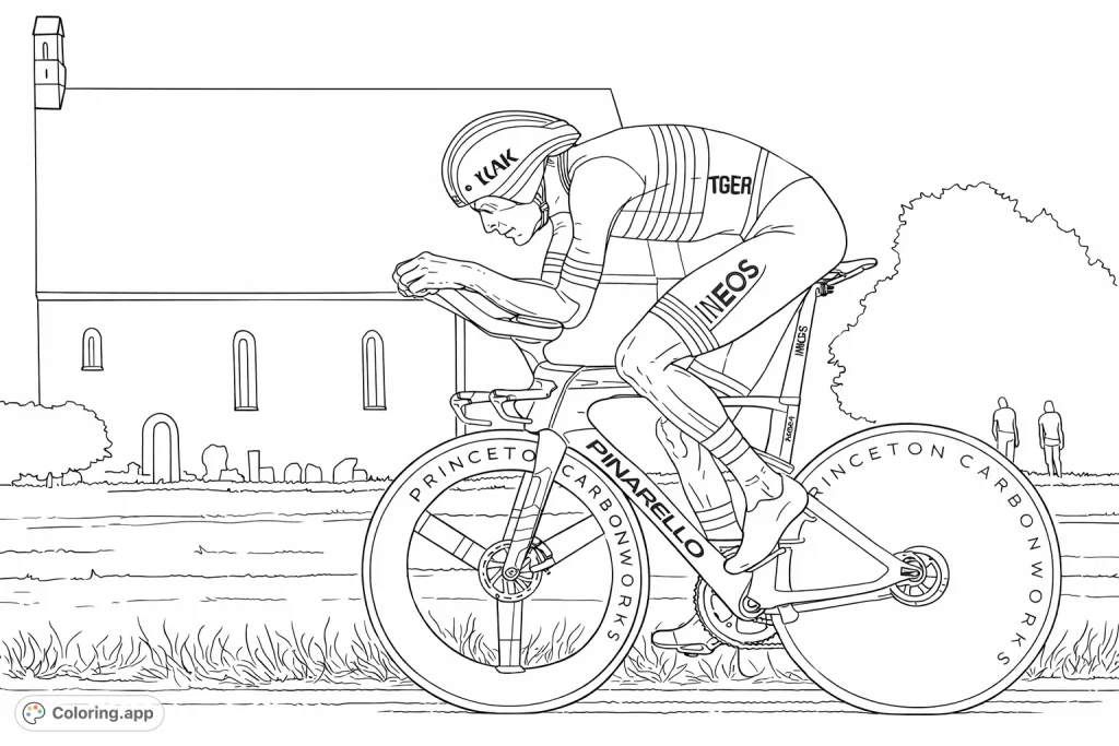 Experience the intensity of a time trial with this aerodynamic cyclist coloring page. Features a detailed bike and rider in a dynamic race setting.