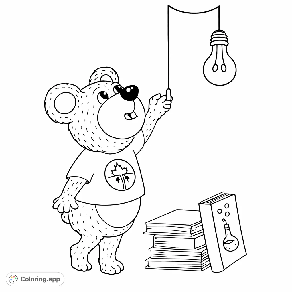 A charming coloring page featuring a curious bear turning on a lightbulb next to a stack of books, perfect for sparking imagination and learning.