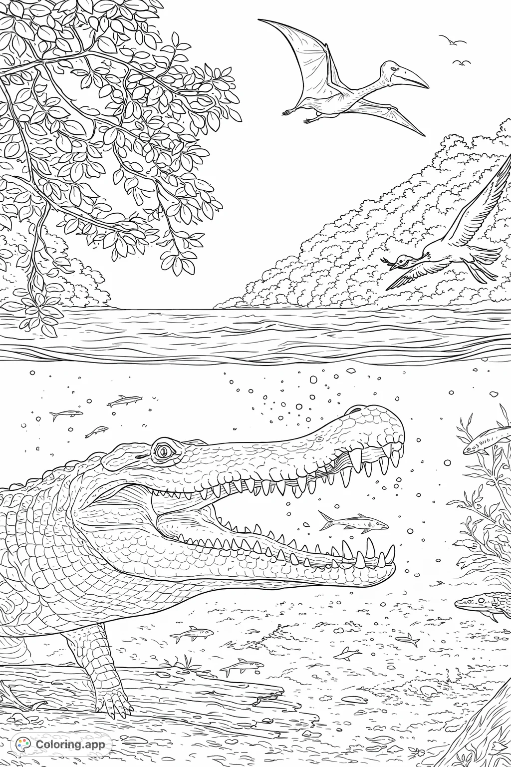 Dive into a prehistoric river scene with a formidable crocodile, ancient flying reptiles, and lush jungle. An exciting adventure for all ages.