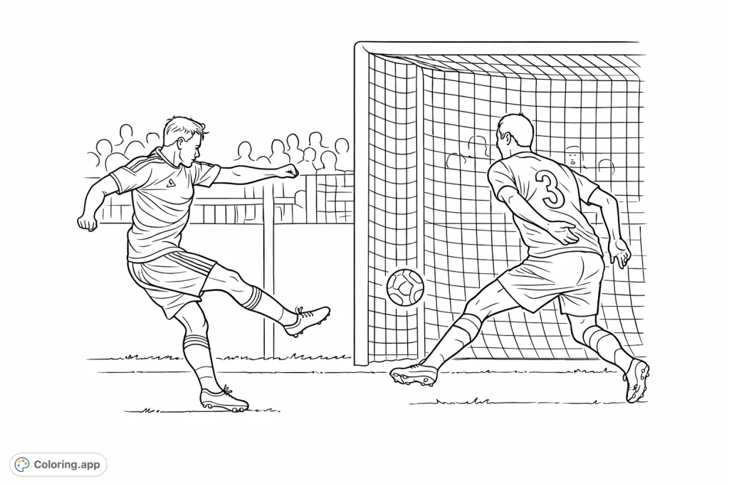 Experience the thrill of a soccer match! This action-packed coloring page features two players mid-game, one striking the ball towards the goal.