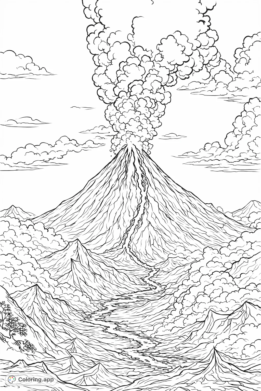 Experience the raw power of nature with this volcano eruption coloring page. A majestic volcano spews molten rock amidst a dramatic, cloud-filled sky.