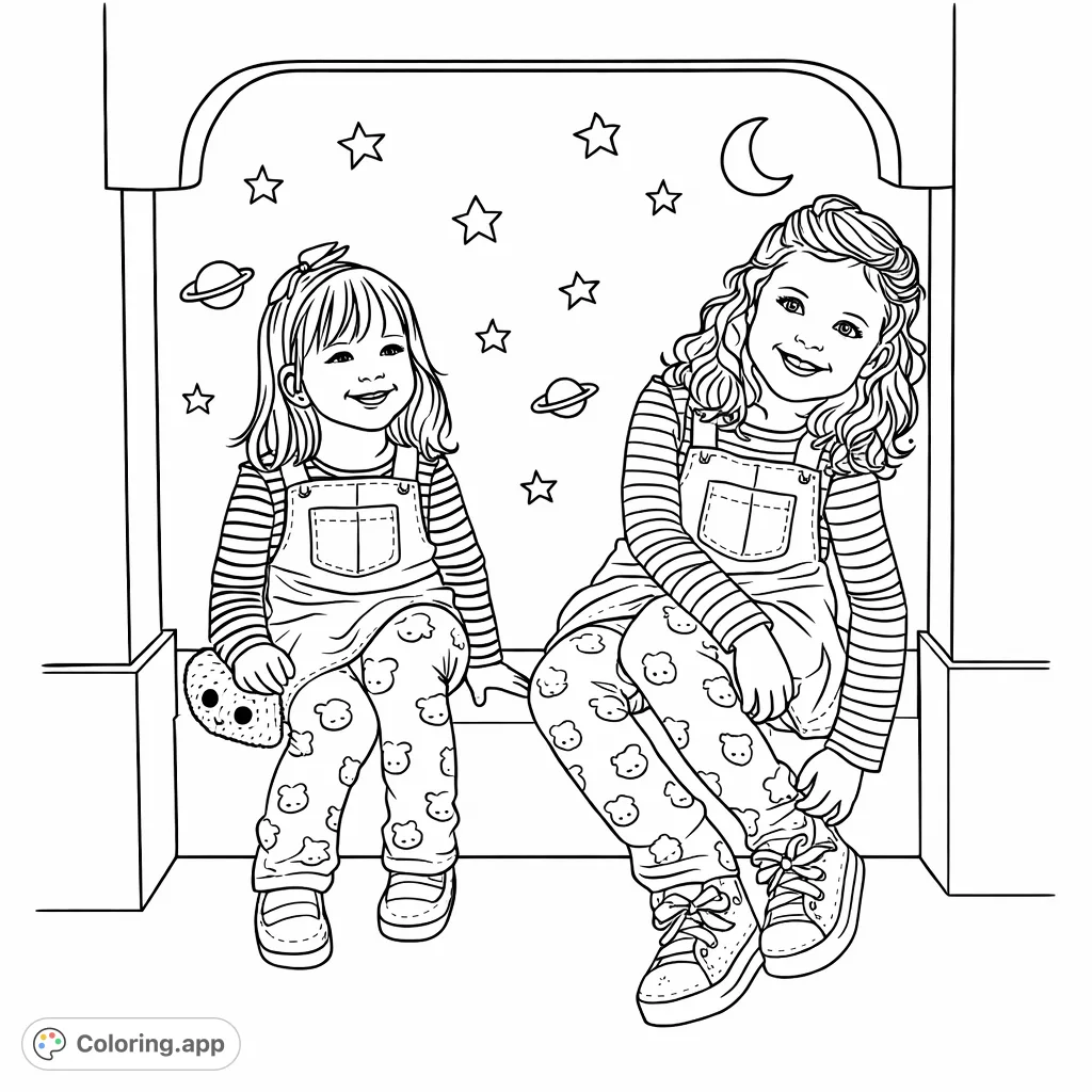 An enchanting coloring page featuring two happy children sitting in a playful cubby, surrounded by celestial stars and simple, inviting shapes. A delightful scene for young colorists.