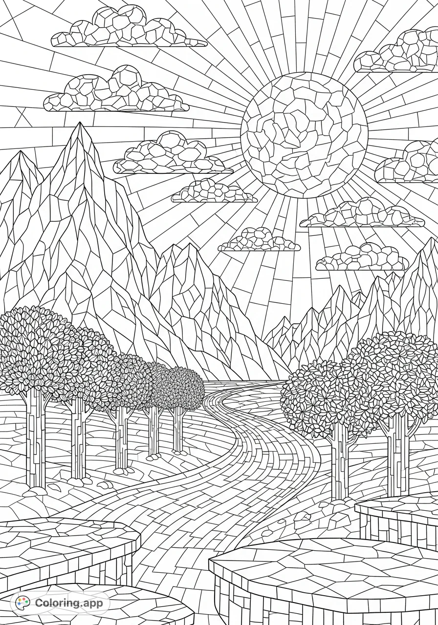 Explore a stunning mythic landscape rendered in unique mosaic style. Intricate geometric shapes form mountains, rivers, and celestial bodies, offering a captivating fantasy scene.