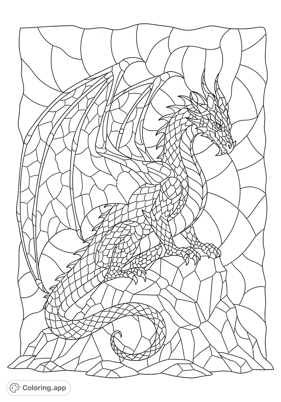 A majestic dragon in a stunning stained glass style, perched on a rock. Unleash your creativity on this intricate fantasy artwork.