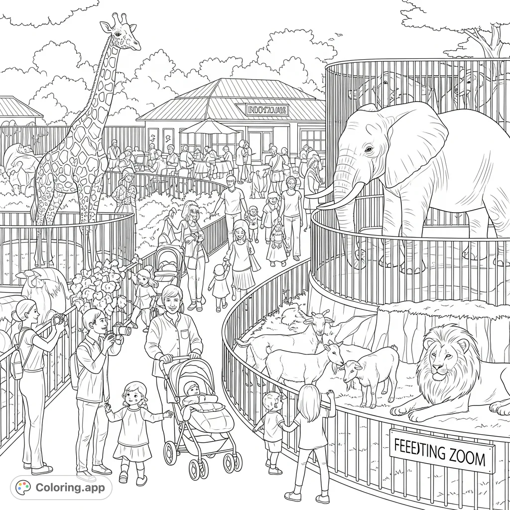 Explore a lively zoo coloring page featuring various animals, diverse visitors, and engaging activities like picture-taking, stroller-pushing, and animal feeding.
