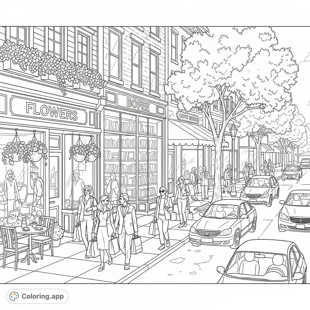Explore a charming city street with bustling flower shops, cozy coffee spots, and busy people. A delightful urban landscape for creative coloring.