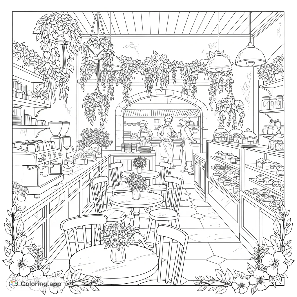 Step into a delightful, cozy cafe scene filled with charming decor, blossoming flowers, and a busy kitchen. Perfect for a relaxing coloring experience!