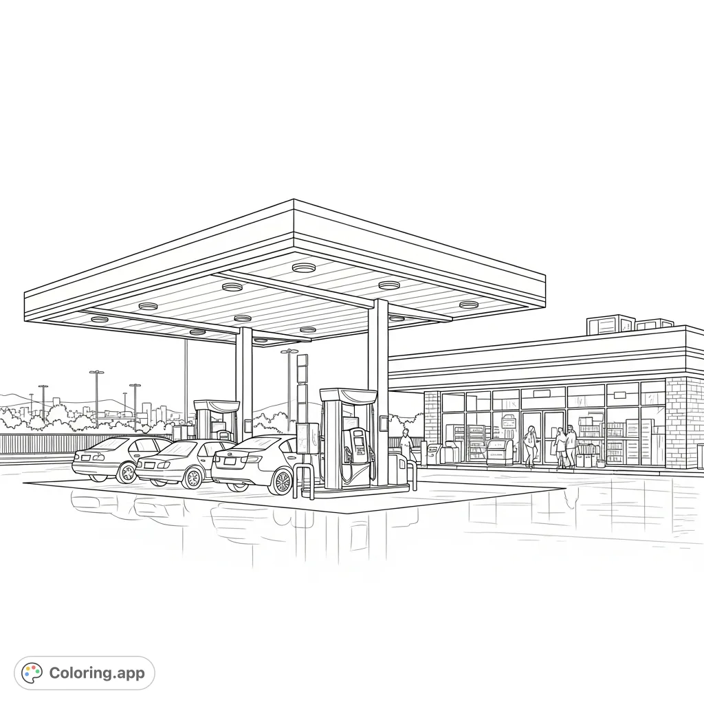 Explore a detailed nocturnal gas station coloring page, featuring vehicles, people, and a cozy convenience store under a vast night sky.
