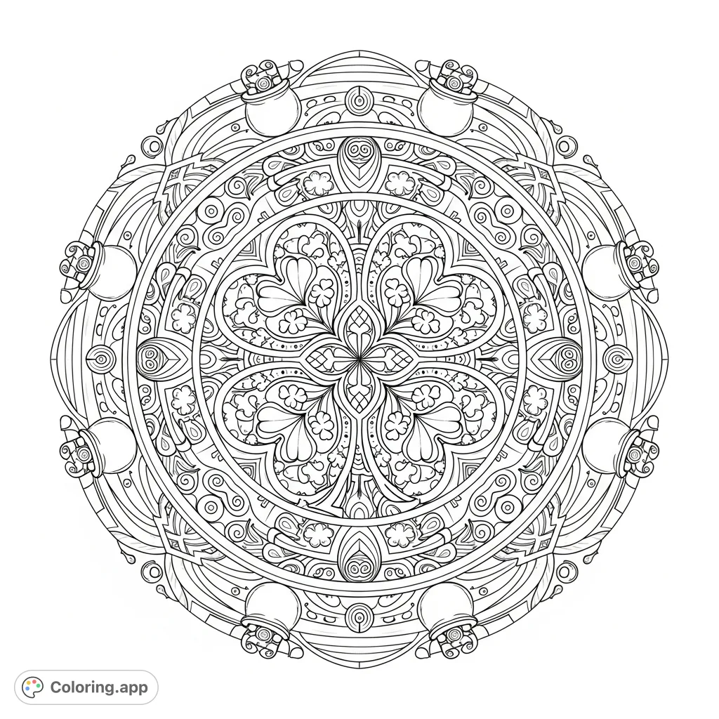 Celebrate with a detailed Saint Patrick's Day mandala coloring page featuring a four-leaf clover, Celtic knots, and festive patterns for all ages.
