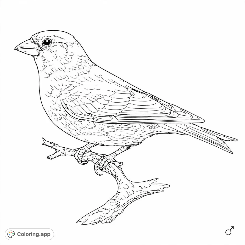 A charming bird perches gracefully on a textured branch, offering a delightful scene for coloring enthusiasts. Perfect for nature lovers.