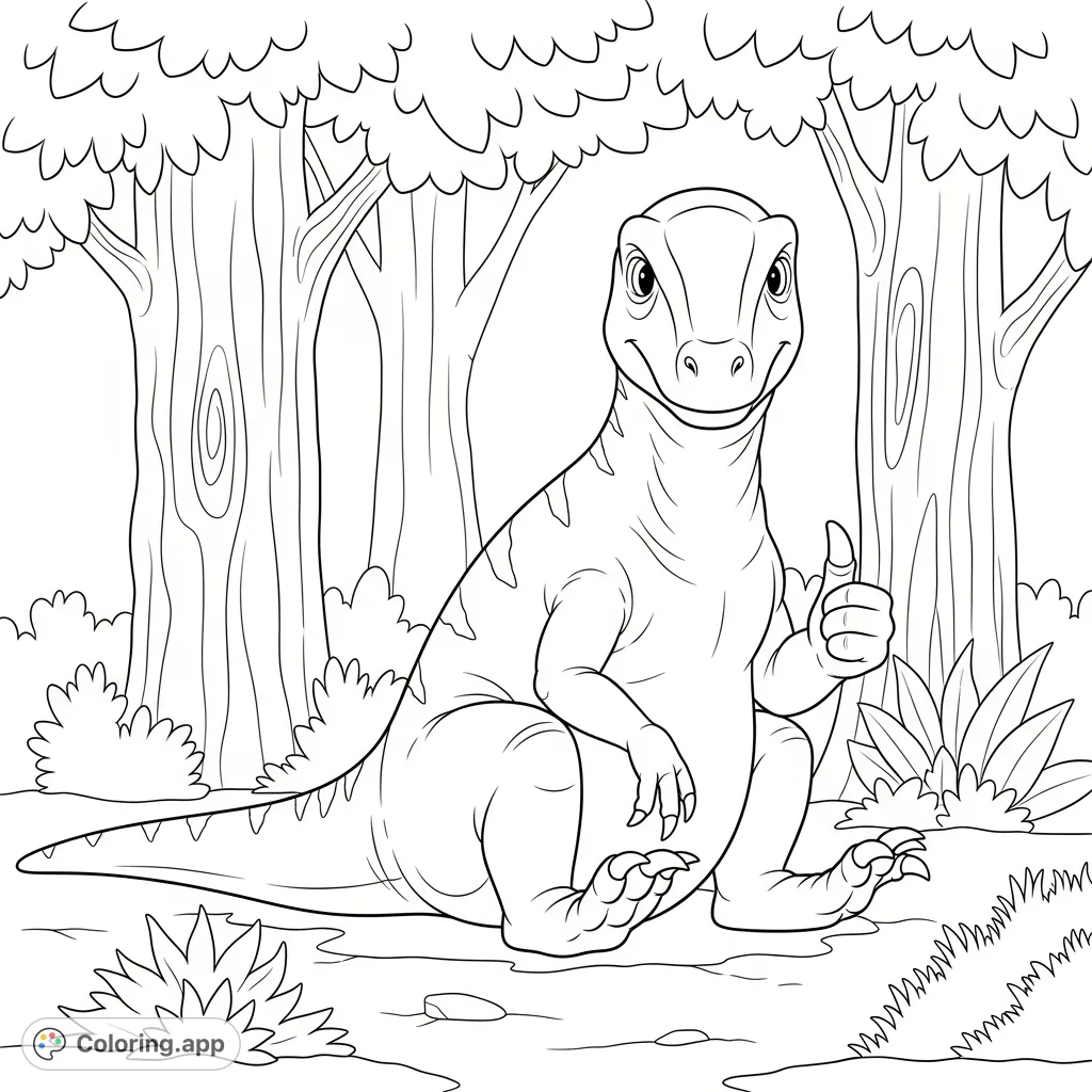 A friendly Uteodon dinosaur sits peacefully on the forest floor, featuring its unique body structure and gentle face. A delightful, easy coloring page for young artists.