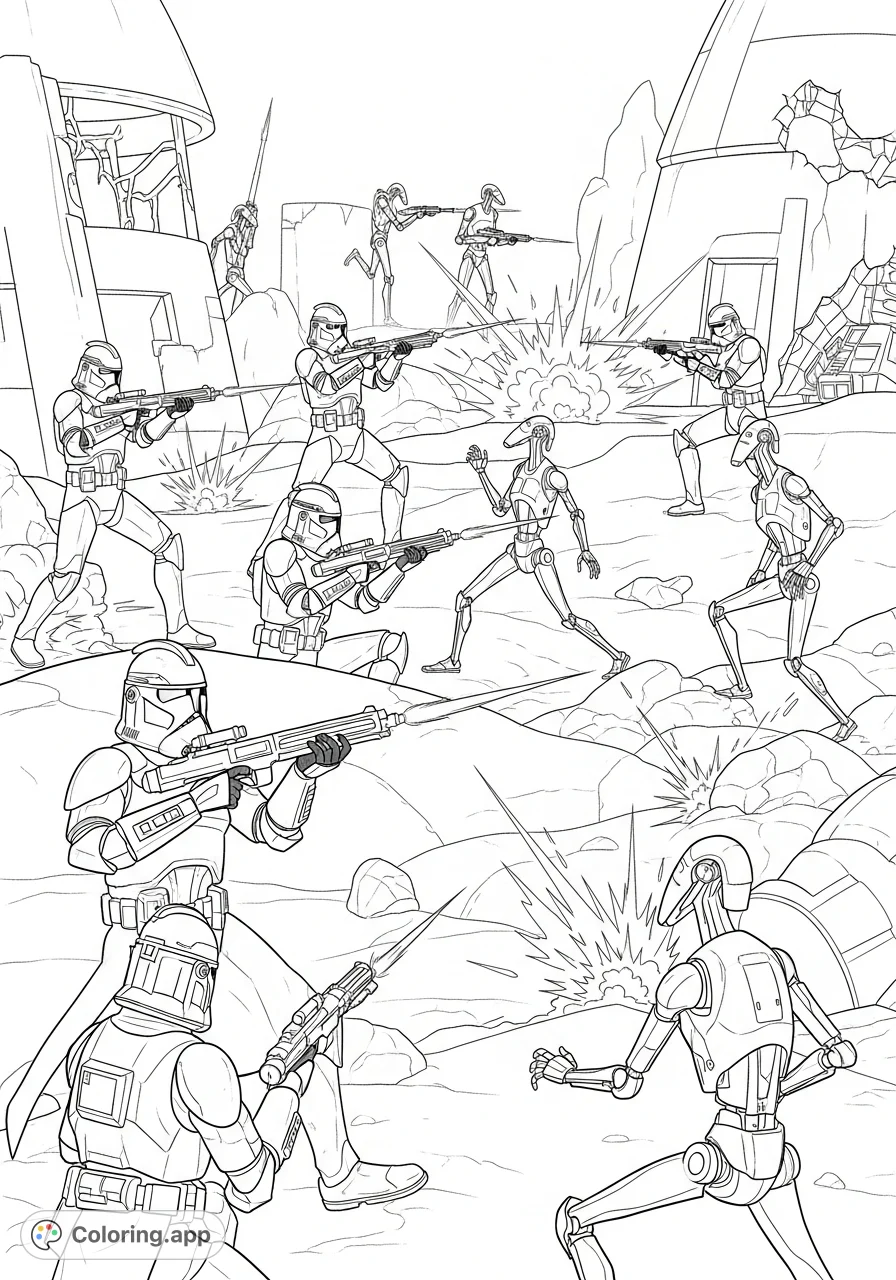 Witness an epic clash between a clone army and battle droids. A thrilling sci-fi action scene, perfect for fans of futuristic warfare and heroic battles.