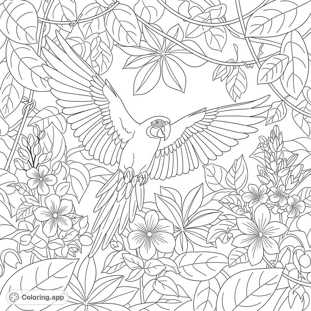 Flying Jungle Parrot Scene - Coloring.app