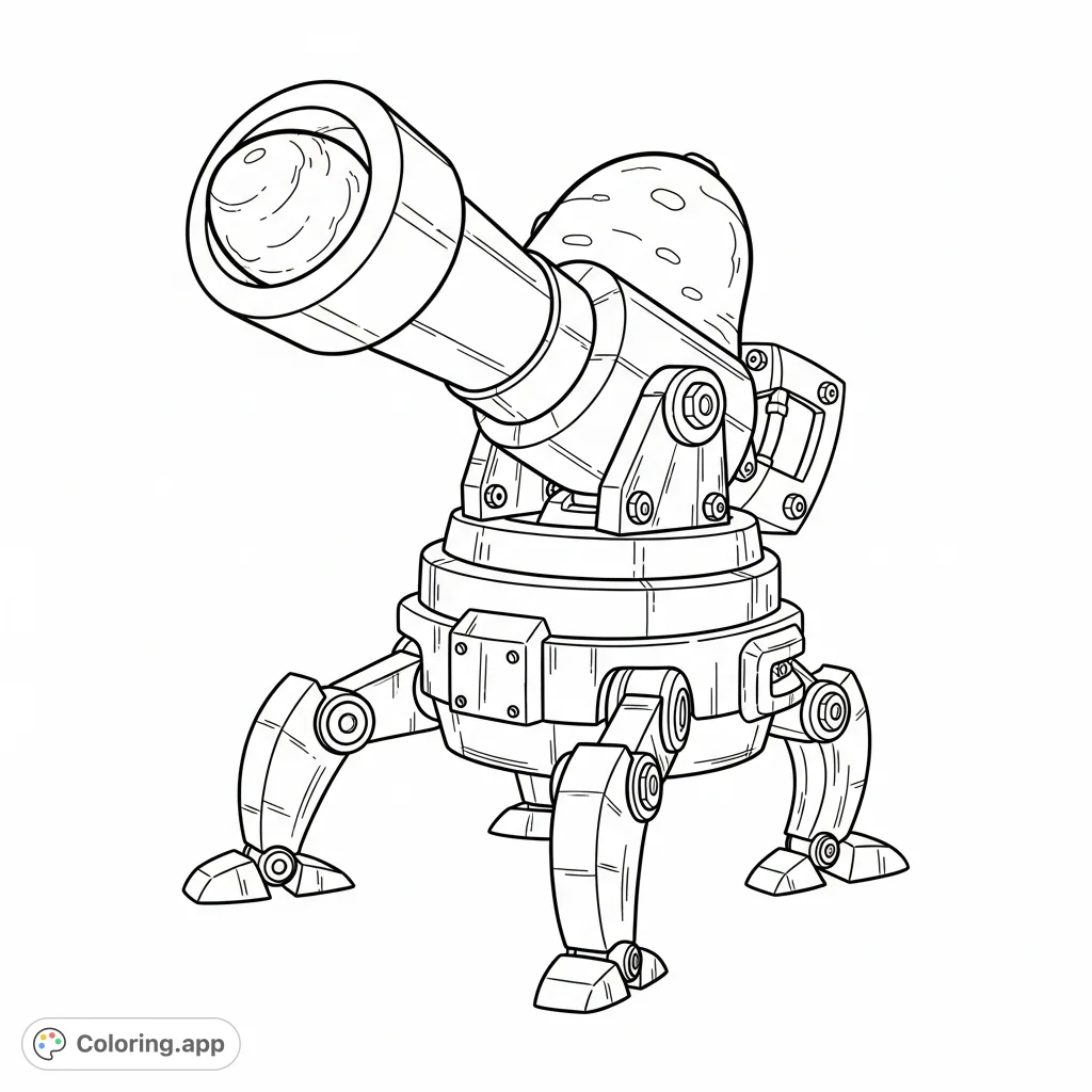 Color this walking potato launcher from Brotato! A free printable Brotato coloring page for fans of the popular video game. Explore mechanical details and textures.