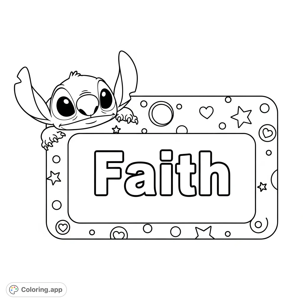 A playful name tag coloring page featuring Stitch peeking with a mischievous look, with the name 'Faith' in bold, adorned with stars and whimsical dots with hearts.