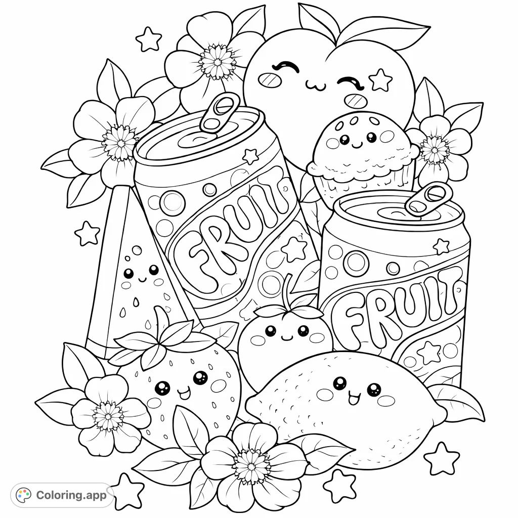 Explore a cheerful collection of kawaii fruits and fizzy drinks. This delightful fruit coloring page offers playful characters and sweet details for a fun creative escape.