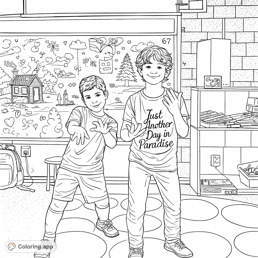A lively classroom scene featuring two joyful boys striking dynamic poses amidst a creative display of children's artwork, bookshelves, and a vibrant patterned rug.