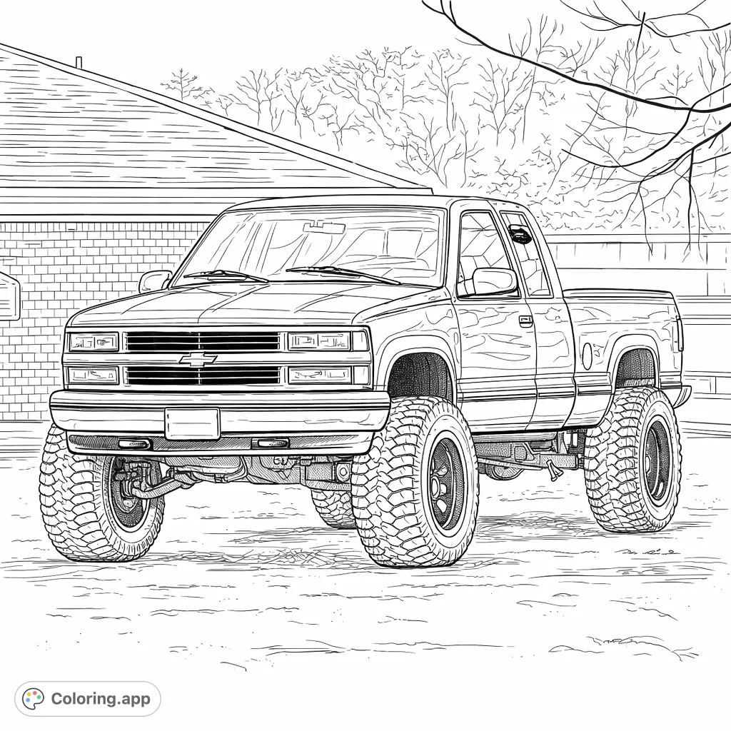 Experience the power of a lifted pickup truck coloring page, featuring rugged tires, a detailed grille, and a dynamic urban background.