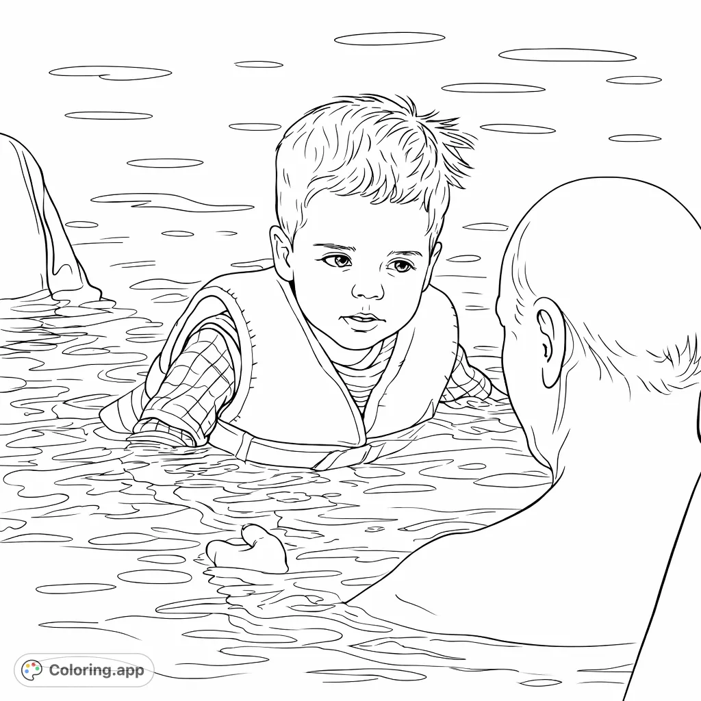 A heartwarming pool scene featuring a child in a life vest learning to swim with an adult. Perfect for celebrating family moments and aquatic fun.