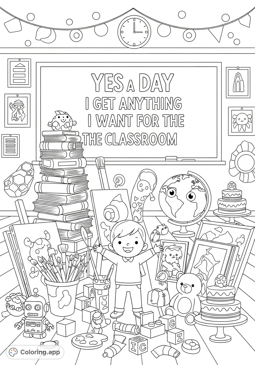 Imagine a dream classroom! This "Yes Day" coloring page features a happy child surrounded by books, toys, and art supplies, ready for a day of fun.