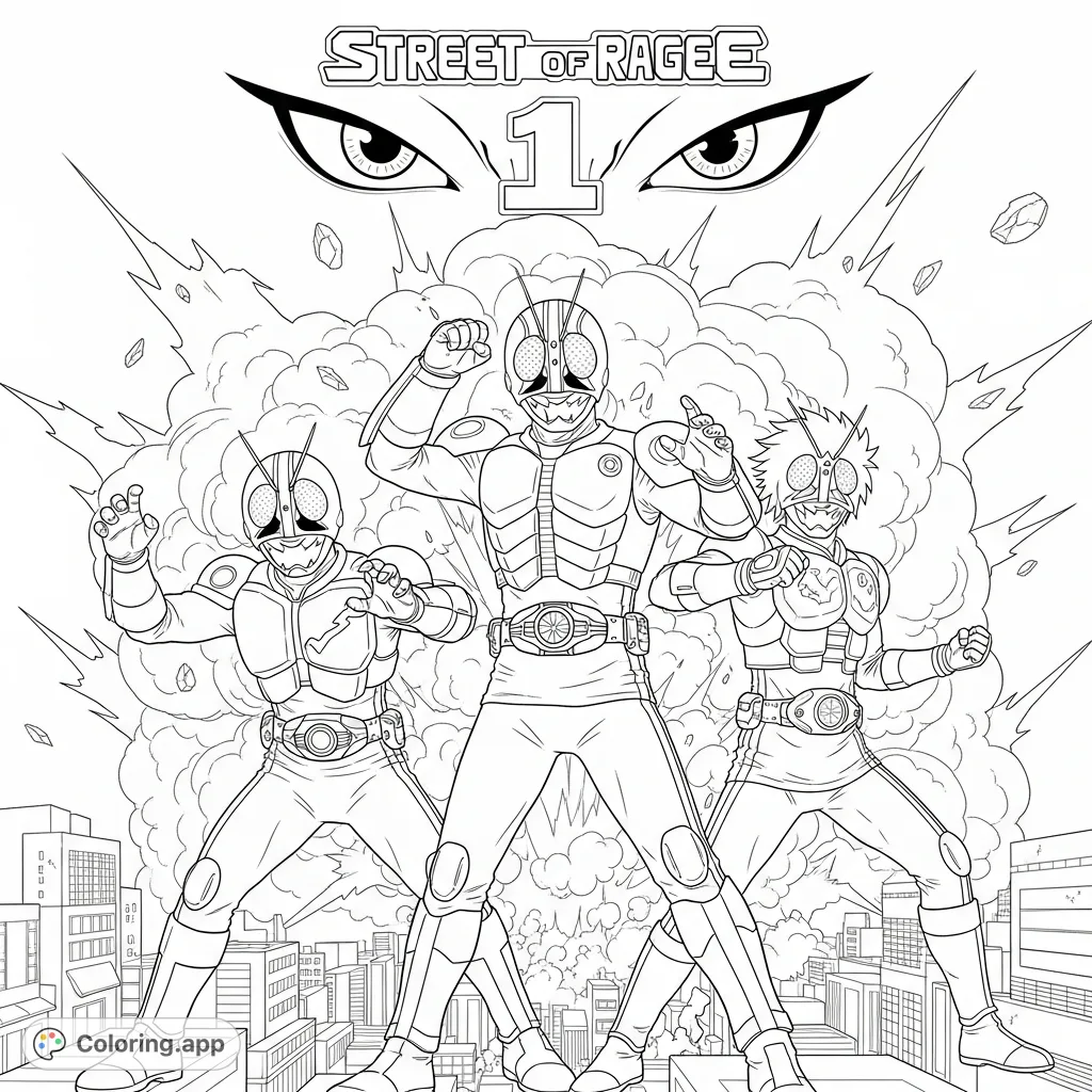 Iconic Retro Kamen Riders Shiro Kazami, Takeshi Hongo, and Hayato Ichimonji strike heroic transformation poses before an explosive backdrop, with menacing eyes looming above city streets.