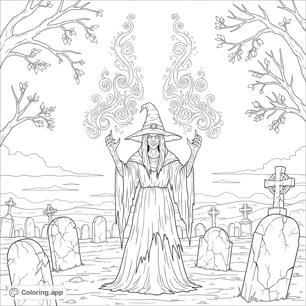 An enigmatic witch casts a powerful spell in a desolate graveyard, surrounded by weathered tombstones and eerie, gnarled trees. Unleash your creativity.