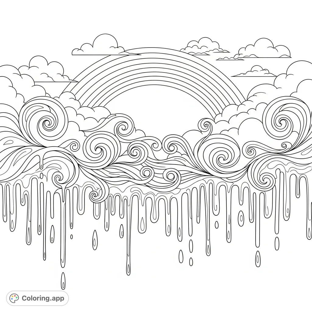 An abstract coloring page showcasing dynamic drips, flowing swirls, soft clouds, and an arching rainbow, perfect for creative expression.