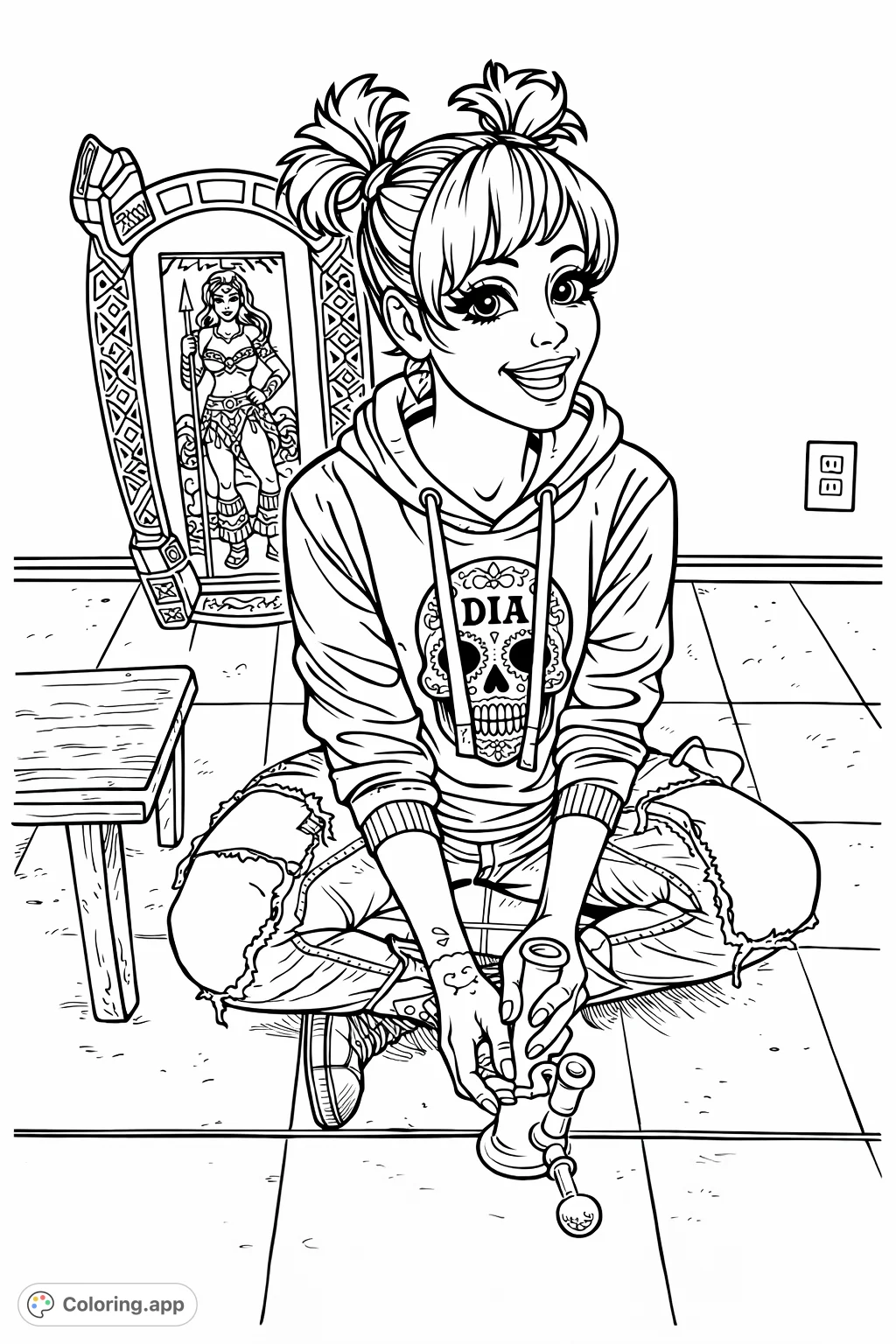 A cartoony style coloring page featuring a smiling figure in a hooded top and ripped jeans, squatting on a tiled floor with unique background details. An engaging adult coloring page.