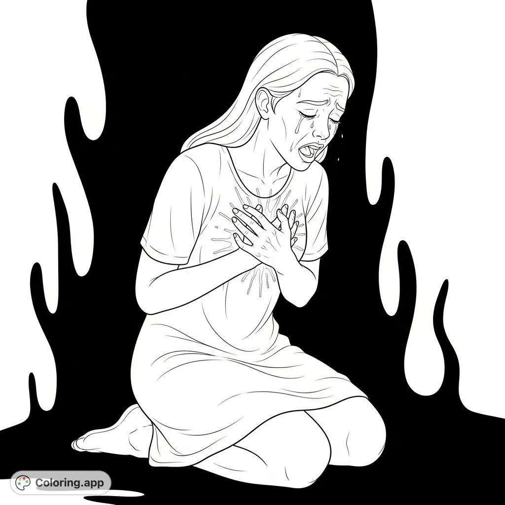 A powerful silent anguish coloring page depicting a woman on her knees, clutching her chest, with tears and a strained face, surrounded by deep shadows.