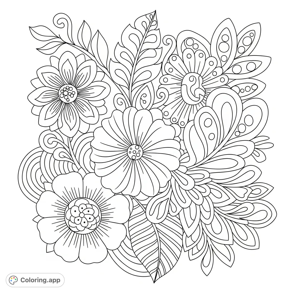 Discover abstract flowers coloring page with stylized petals, leaves, and dynamic organic shapes. A free printable coloring page for creative expression.