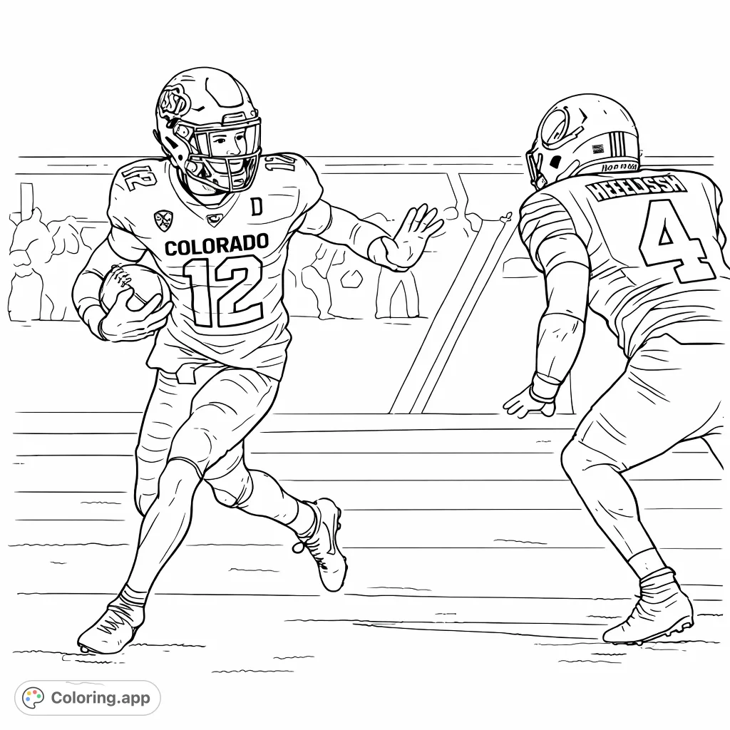 Capture the thrilling energy of a football game with this action-packed coloring page. A player races across the field with the ball, evading a defender.