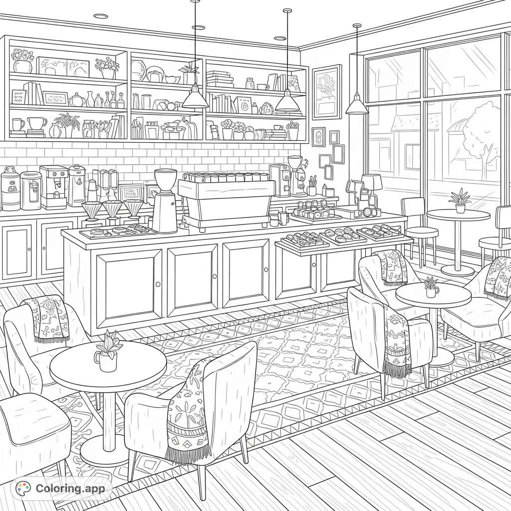 Step into a delightful coffee shop scene, filled with warm details like steaming mugs, baked goods, and inviting seating, perfect for a relaxing color session.