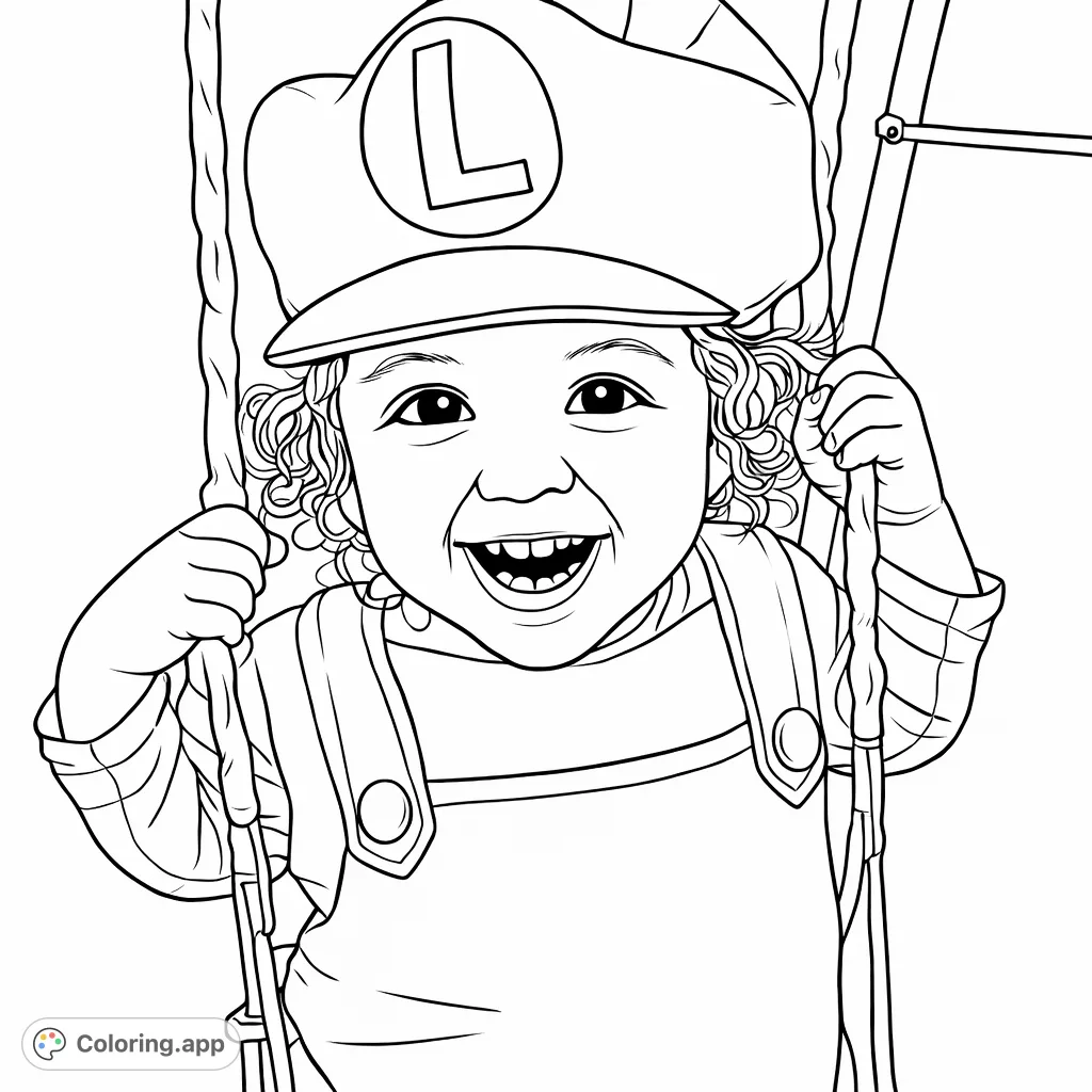A cheerful child, dressed in a character cap with an 'L' and overalls, swings happily. This delightful scene offers a fun coloring experience for fans of playful characters.