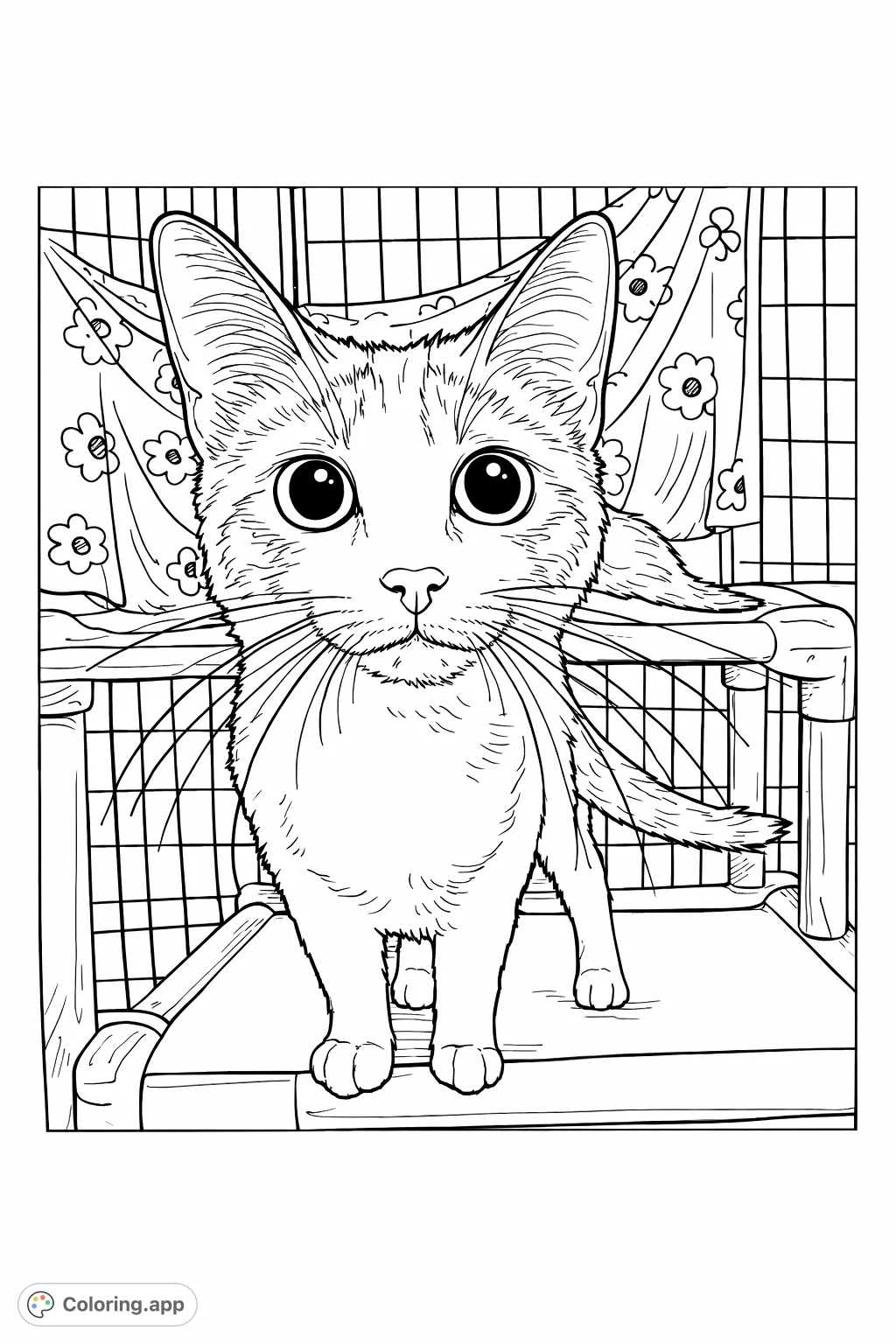 An adorable cat with big, expressive eyes and long whiskers stands on a platform, its patterned fur ready for your creative touch. A purr-fect coloring adventure!
