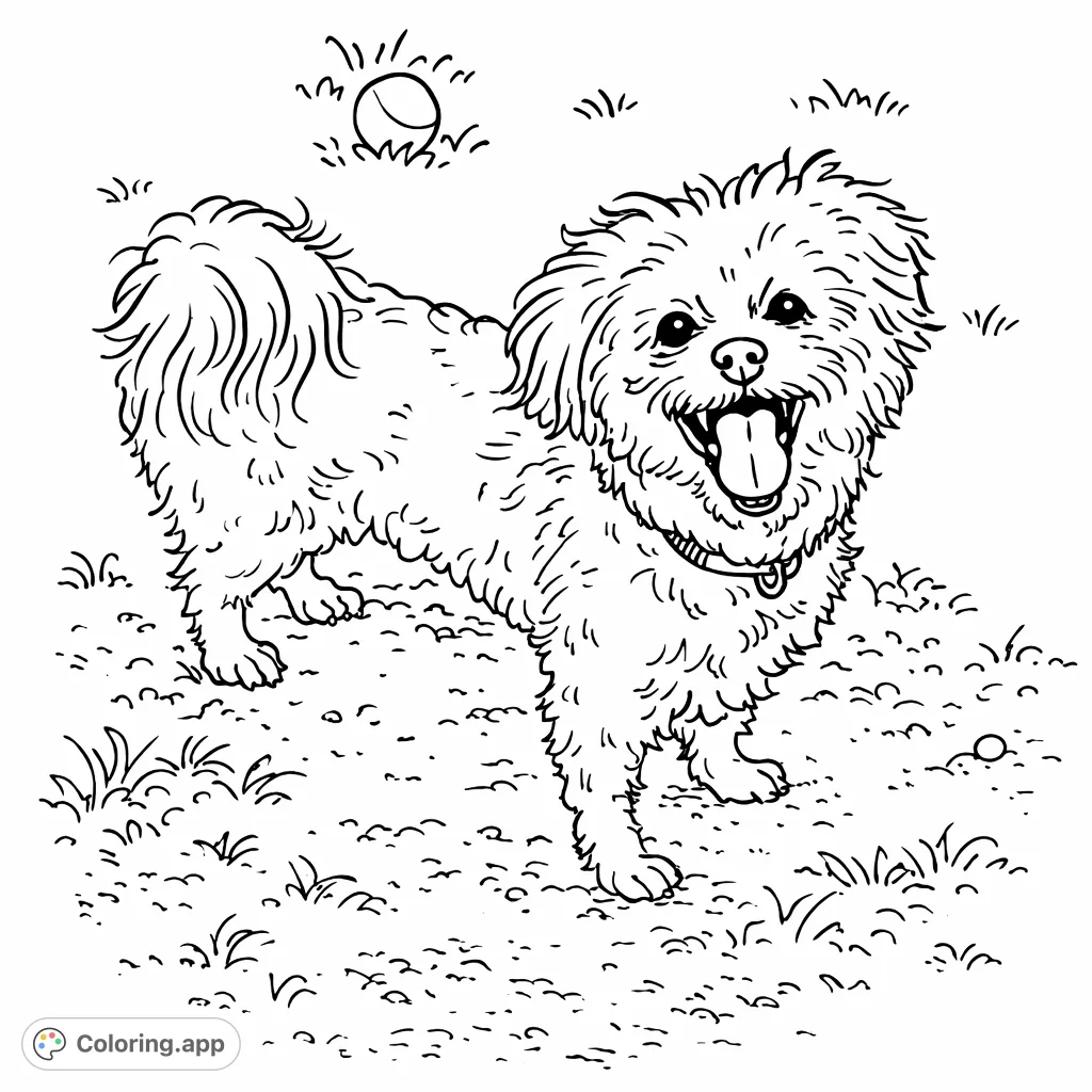 A cheerful, fluffy dog stands on grassy ground, ready for play, with a toy ball nearby. Perfect for dog lovers to color.